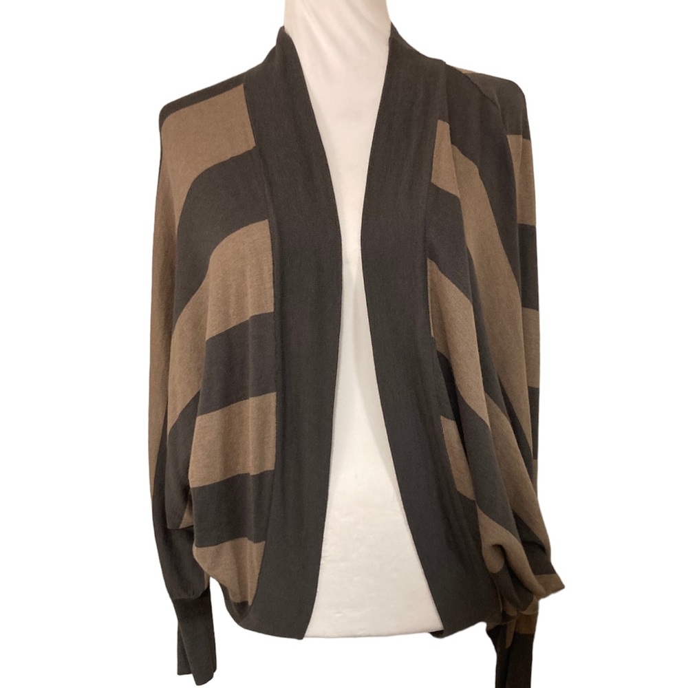 ELAN Grey Taupe Striped Open Front Cardigan